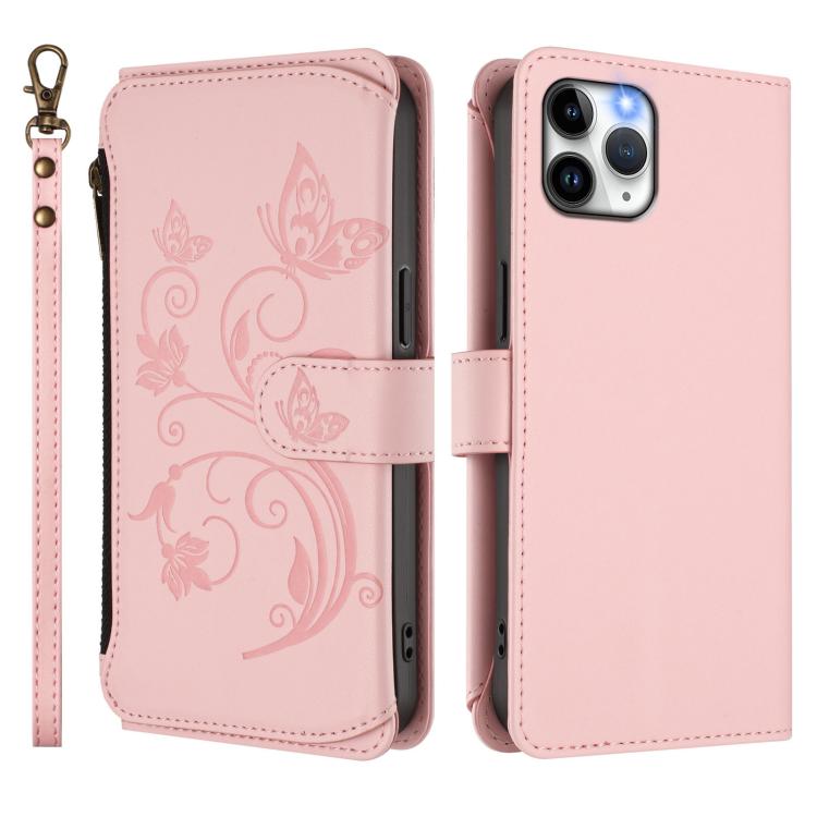 For iPhone 11 Pro Max Butterfly Love Flower Multi-card Zipper Wallet Leather Phone Case