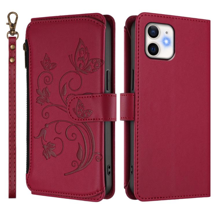 For iPhone 11 Butterfly Love Flower Multi-card Zipper Wallet Leather Phone Case