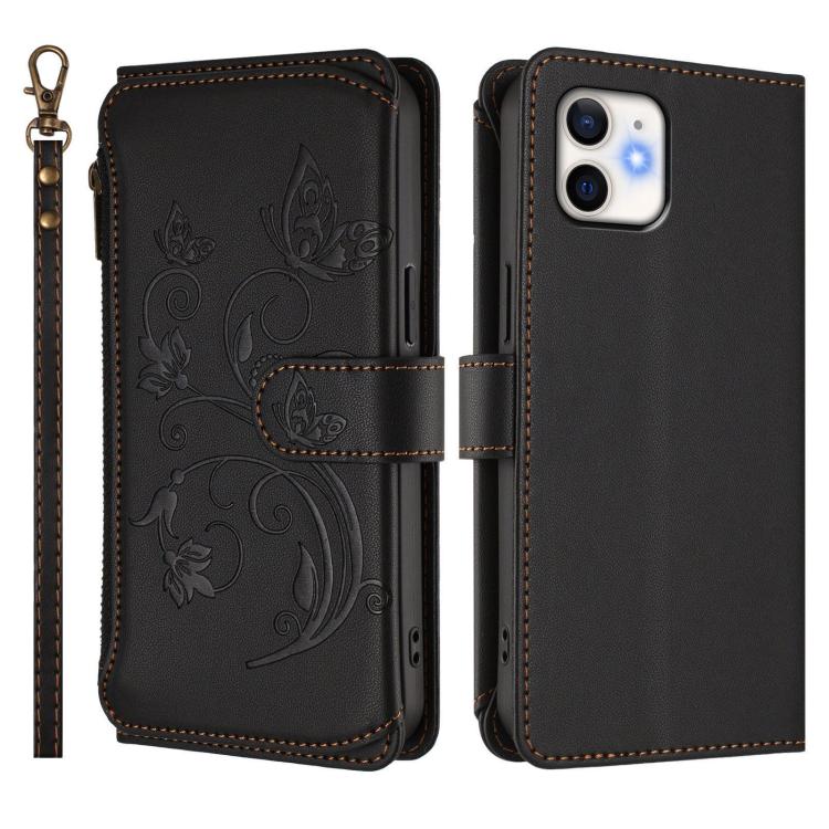 For iPhone 11 Butterfly Love Flower Multi-card Zipper Wallet Leather Phone Case