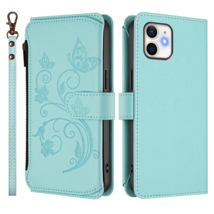 For iPhone 11 Butterfly Love Flower Multi-card Zipper Wallet Leather Phone Case