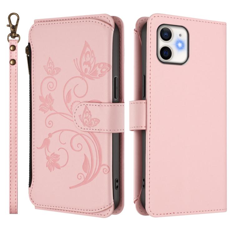 For iPhone 11 Butterfly Love Flower Multi-card Zipper Wallet Leather Phone Case