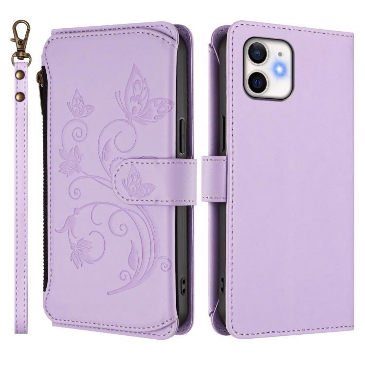 For iPhone 11 Butterfly Love Flower Multi-card Zipper Wallet Leather Phone Case