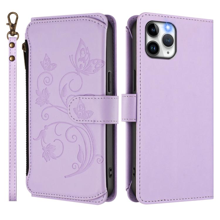 For iPhone 11 Pro Butterfly Love Flower Multi-card Zipper Wallet Leather Phone Case