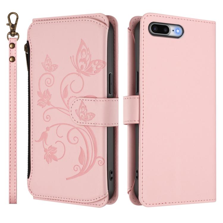 For iPhone 7 Plus / 8 Plus Butterfly Love Flower Multi-card Zipper Wallet Leather Phone Case