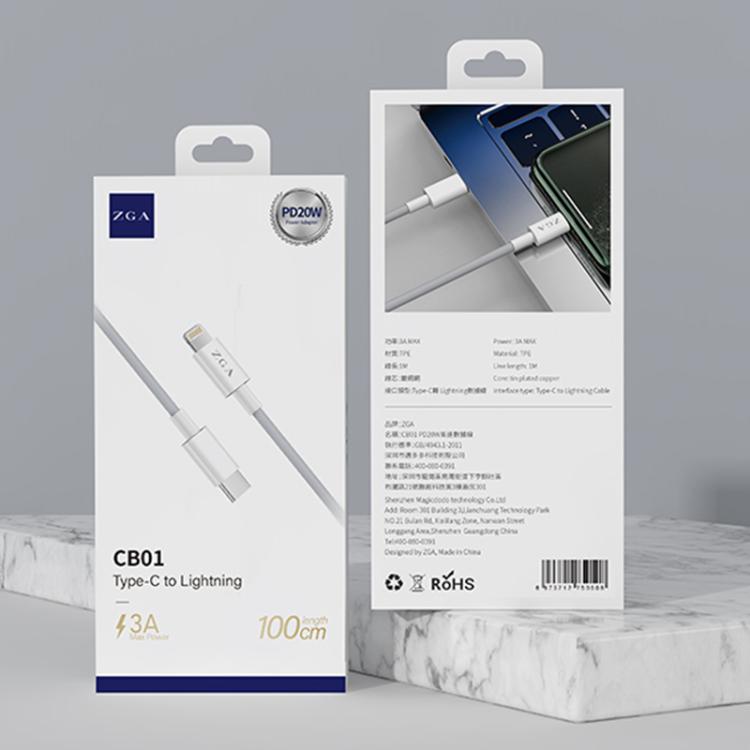 ZGA CB01 PD20W USB-C / Type-C to 8 Pin Fast Charging Data Cable, Length:1m - White
