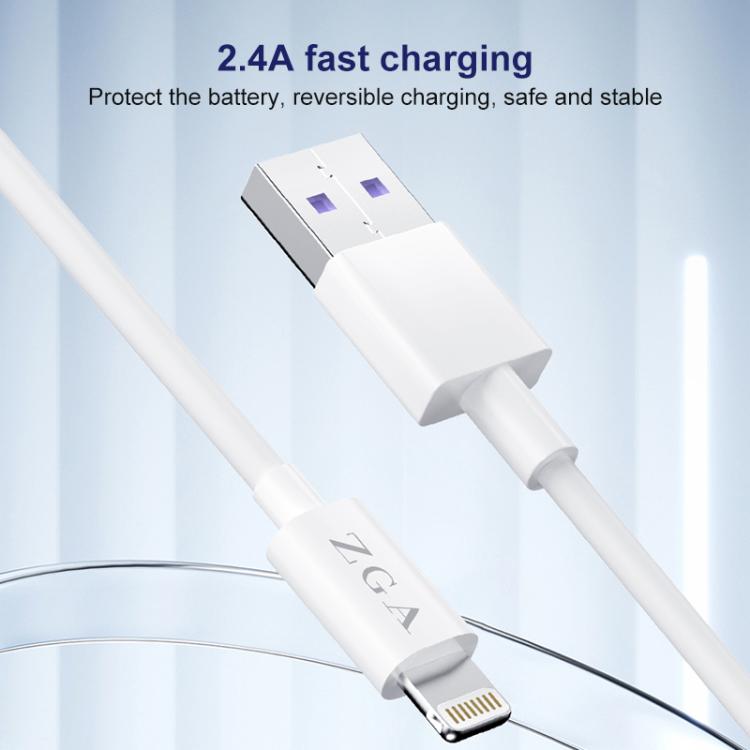 ZGA CB02 2.4A USB to 8 Pin Charging Data Cable, Length:1m - White