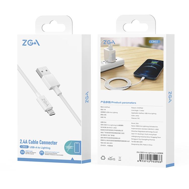ZGA CB02 2.4A USB to 8 Pin Charging Data Cable, Length:1m - White