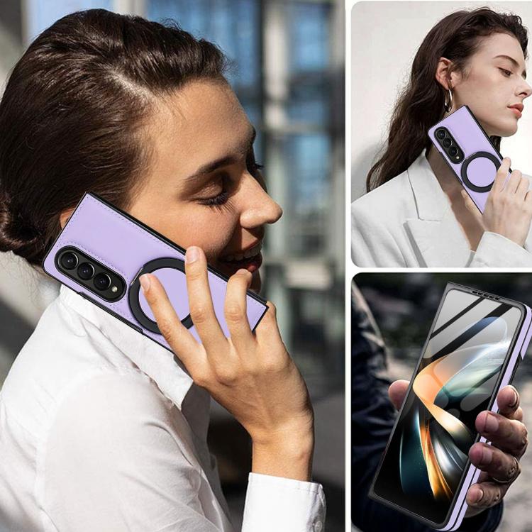 For Samsung Galaxy Z Fold4 Folding Rotation Holder MagSafe Film Integrated Leather Phone Case