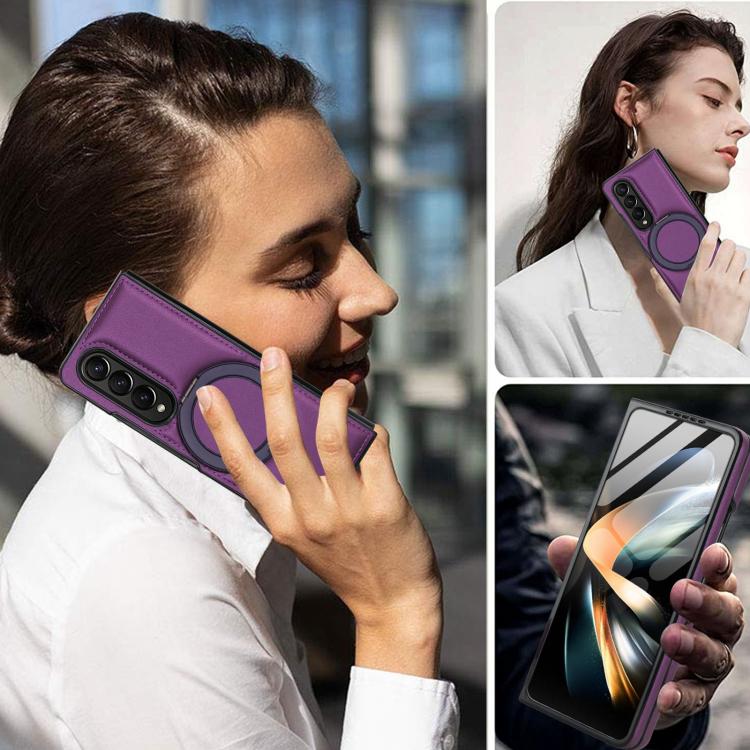 For Samsung Galaxy Z Fold4 Folding Rotation Holder MagSafe Film Integrated Leather Phone Case