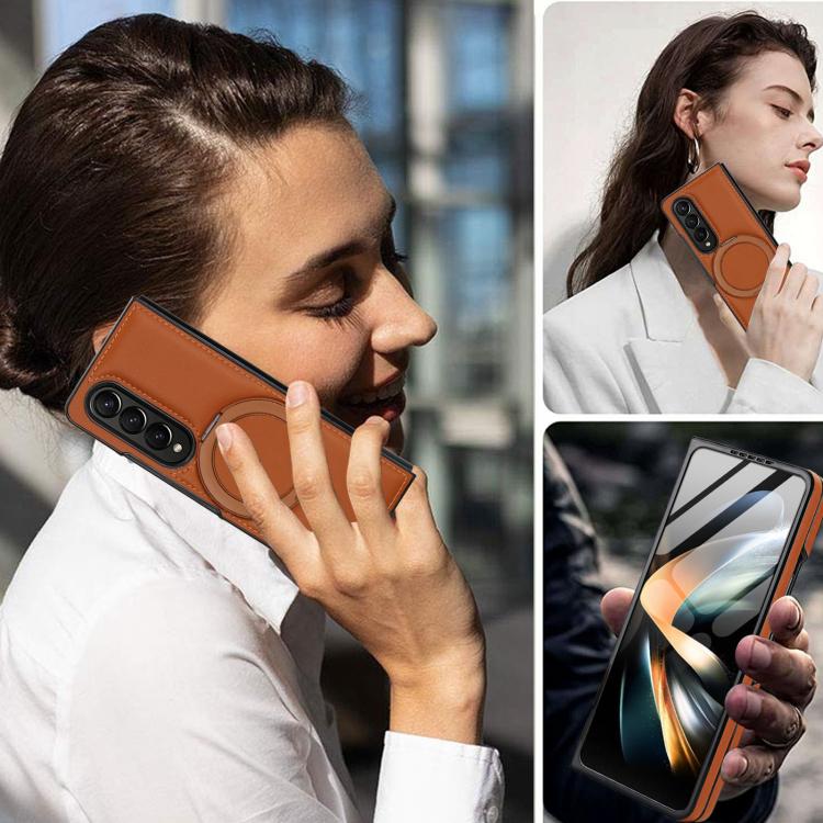 For Samsung Galaxy Z Fold3 5G Folding Rotation Holder MagSafe Film Integrated Leather Phone Case