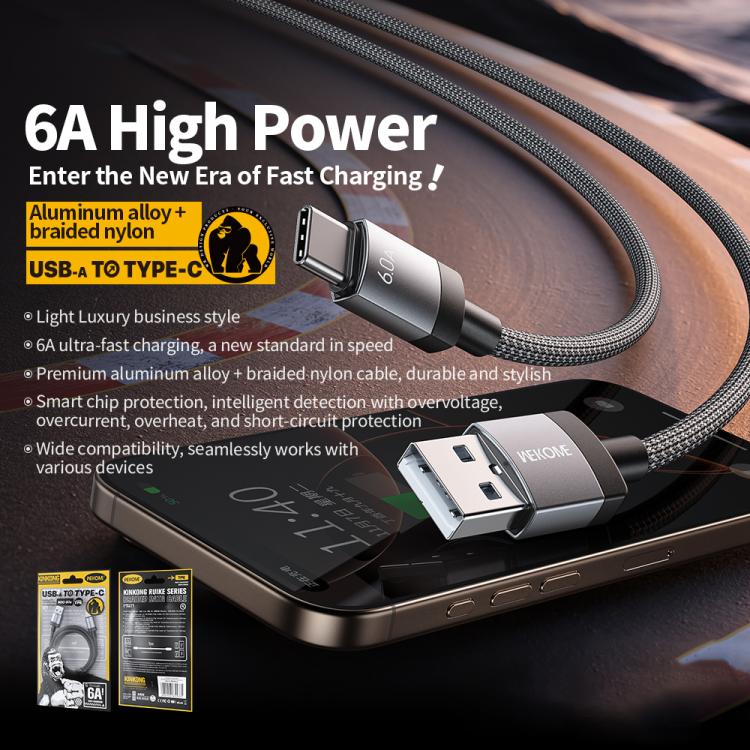 WK WDC-97 Kingkong Ruike Series Braided Charging Data Cable, USB to USB-C / Type-C Port, Length: 1m - Black