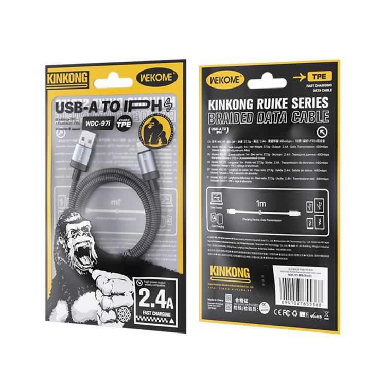 WK WDC-97 Kingkong Ruike Series Braided Charging Data Cable, USB to 8 Pin Port, Length: 1m - Black