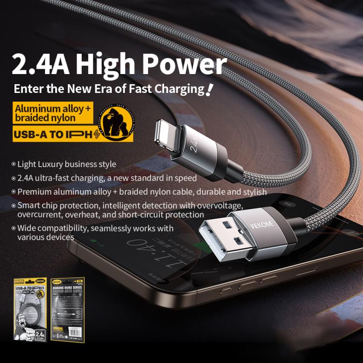 WK WDC-97 Kingkong Ruike Series Braided Charging Data Cable, USB to 8 Pin Port, Length: 1m - Black