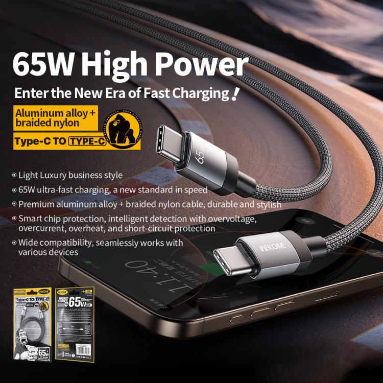 WK WDC-98 Kingkong Ruike Series 65W USB-C / Type-C to USB-C / Type-C Braided Charging Data Cable, Length: 1m - Black