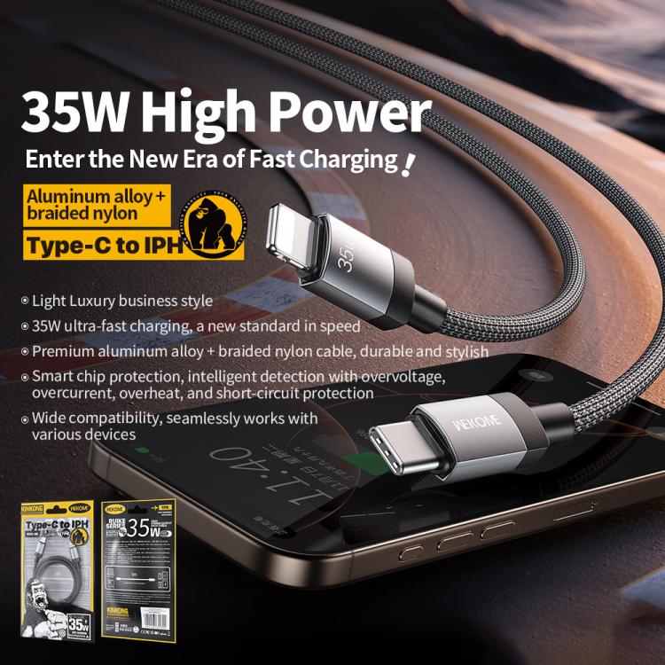 WK WDC-99 Kingkong Ruike Series 35W USB-C / Type-C to 8 Pin Braided Charging Data Cable, Length: 1m - Black