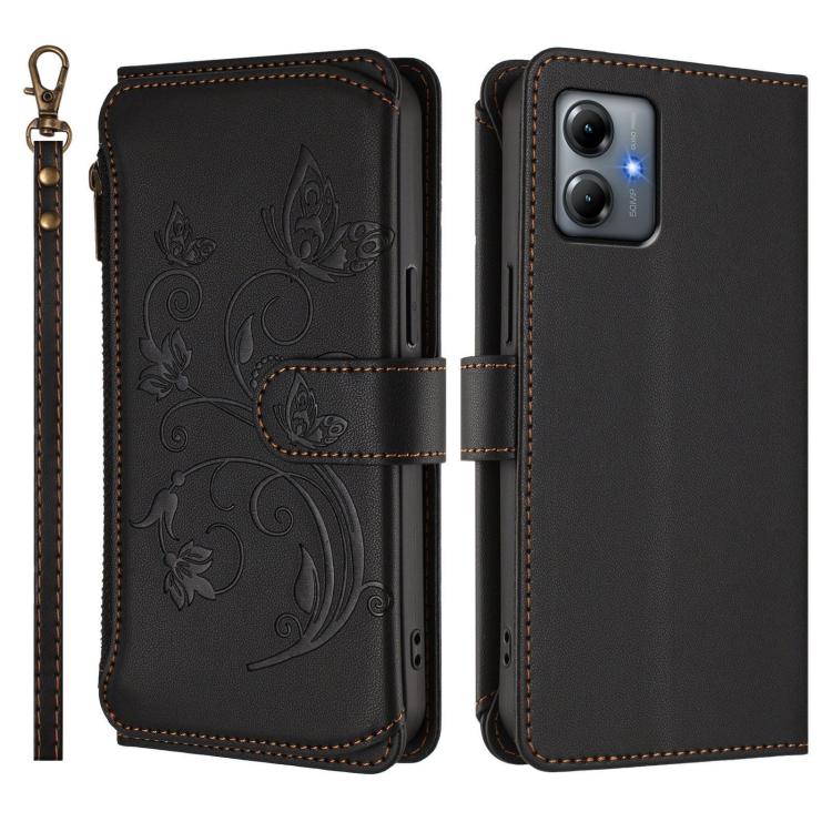 For Motorola Moto G14 4G / G64Y Butterfly Love Flower Multi-card Zipper Wallet Leather Phone Case