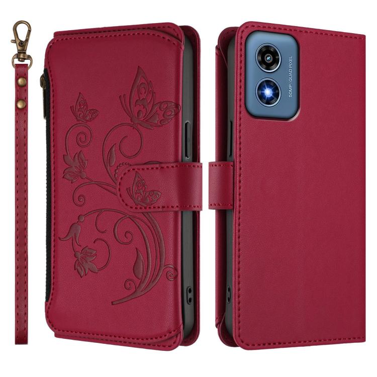 For Motorola Moto G Play 4G 2024 Butterfly Love Flower Multi-card Zipper Wallet Leather Phone Case