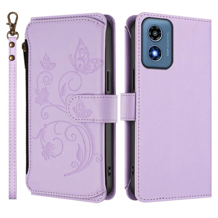 For Motorola Moto G Play 4G 2024 Butterfly Love Flower Multi-card Zipper Wallet Leather Phone Case