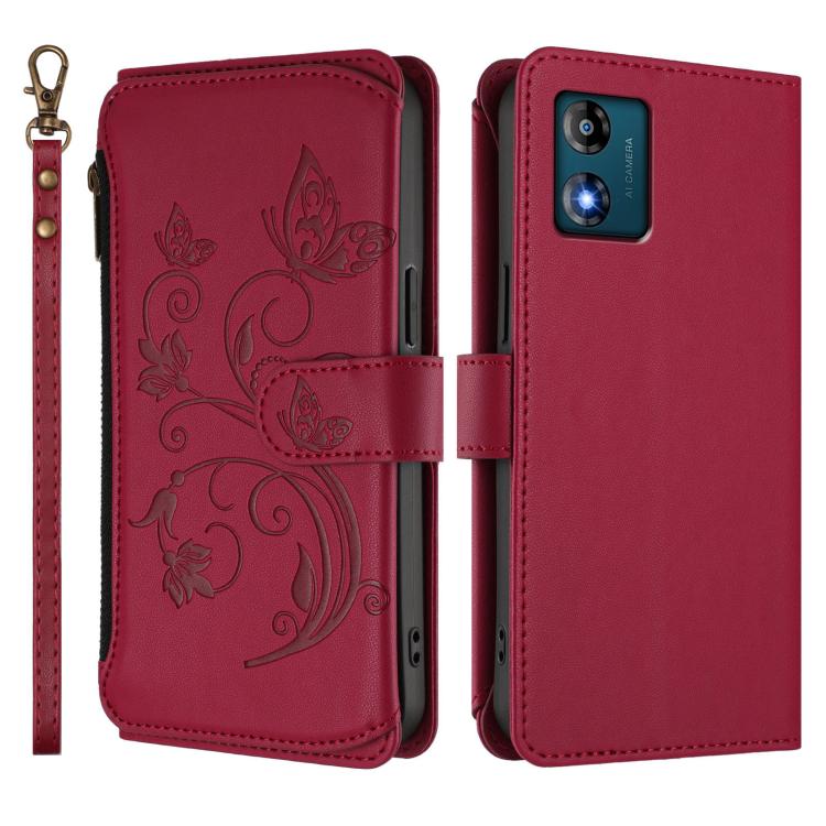 For Motorola Moto E13 2023 4G Butterfly Love Flower Multi-card Zipper Wallet Leather Phone Case