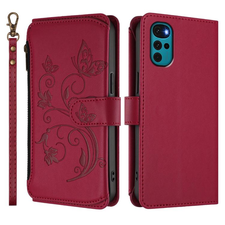 For Motorola Moto G22 4G / E32s Butterfly Love Flower Multi-card Zipper Wallet Leather Phone Case
