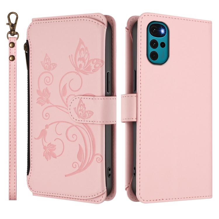 For Motorola Moto G22 4G / E32s Butterfly Love Flower Multi-card Zipper Wallet Leather Phone Case