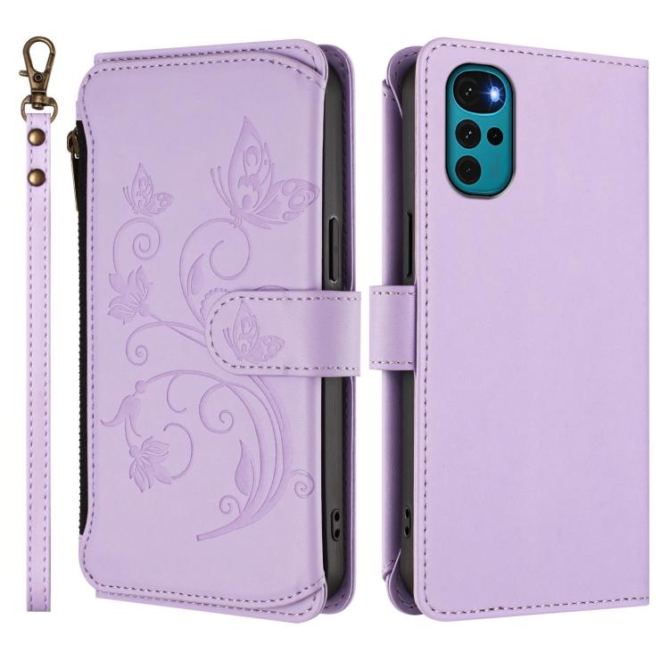 For Motorola Moto G22 4G / E32s Butterfly Love Flower Multi-card Zipper Wallet Leather Phone Case