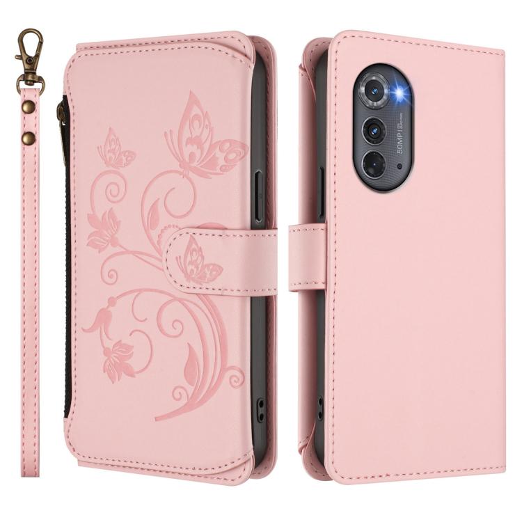 For Motorola Edge 2022 / 5G UW 2022 Butterfly Love Flower Multi-card Zipper Wallet Leather Phone Case