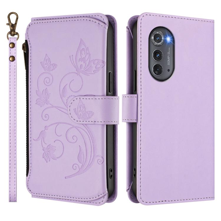 For Motorola Edge 2022 / 5G UW 2022 Butterfly Love Flower Multi-card Zipper Wallet Leather Phone Case