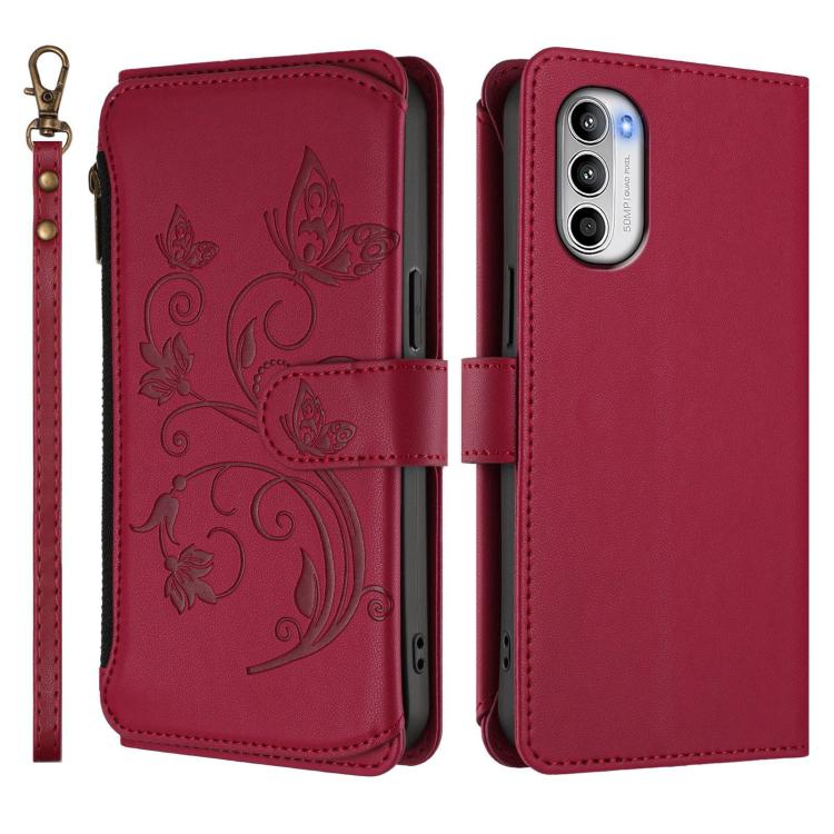 For Motorola Moto G52 4G / G82 5G Butterfly Love Flower Multi-card Zipper Wallet Leather Phone Case