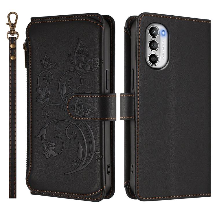 For Motorola Moto G52 4G / G82 5G Butterfly Love Flower Multi-card Zipper Wallet Leather Phone Case
