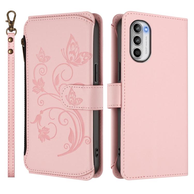 For Motorola Moto G52 4G / G82 5G Butterfly Love Flower Multi-card Zipper Wallet Leather Phone Case