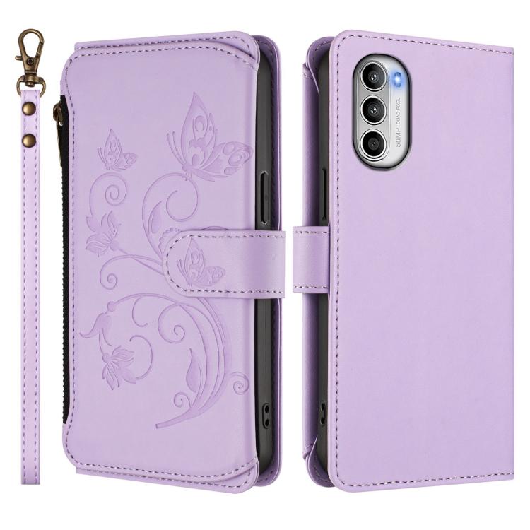For Motorola Moto G52 4G / G82 5G Butterfly Love Flower Multi-card Zipper Wallet Leather Phone Case