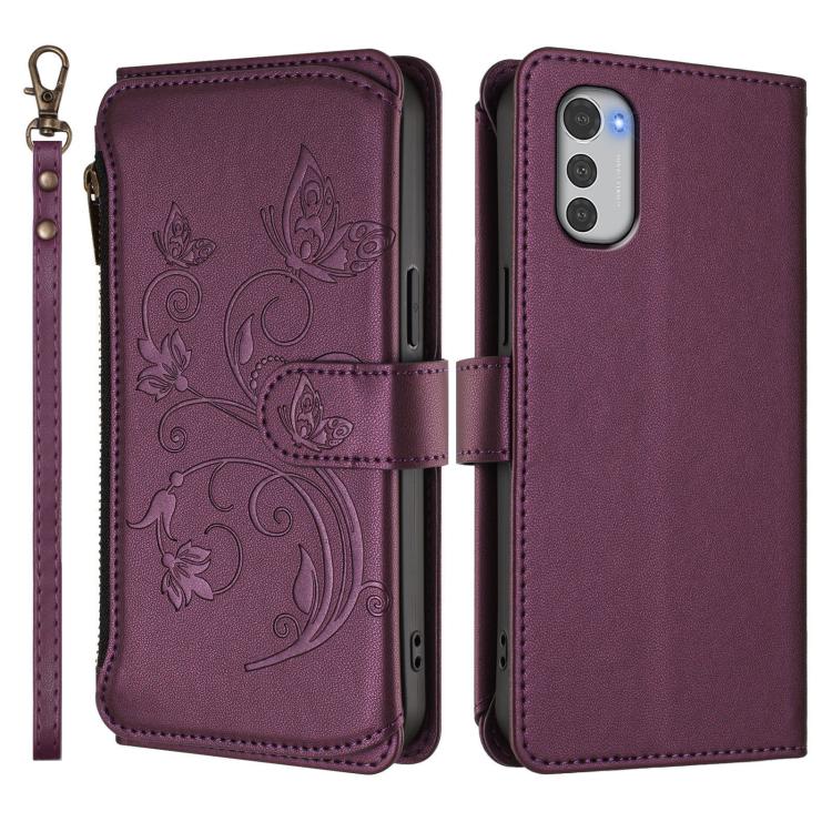 For Motorola Moto E32 4G Global Butterfly Love Flower Multi-card Zipper Wallet Leather Phone Case