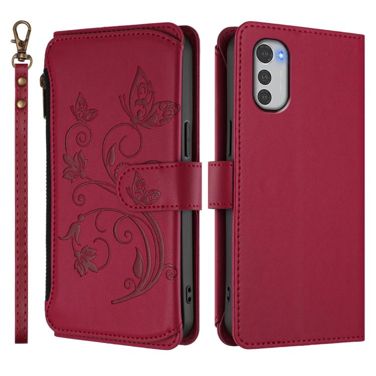 For Motorola Moto E32 4G Global Butterfly Love Flower Multi-card Zipper Wallet Leather Phone Case