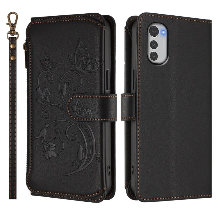 For Motorola Moto E32 4G Global Butterfly Love Flower Multi-card Zipper Wallet Leather Phone Case