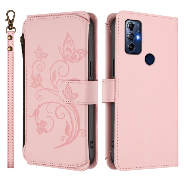For Motorola Moto G Play 2022 Butterfly Love Flower Multi-card Zipper Wallet Leather Phone Case