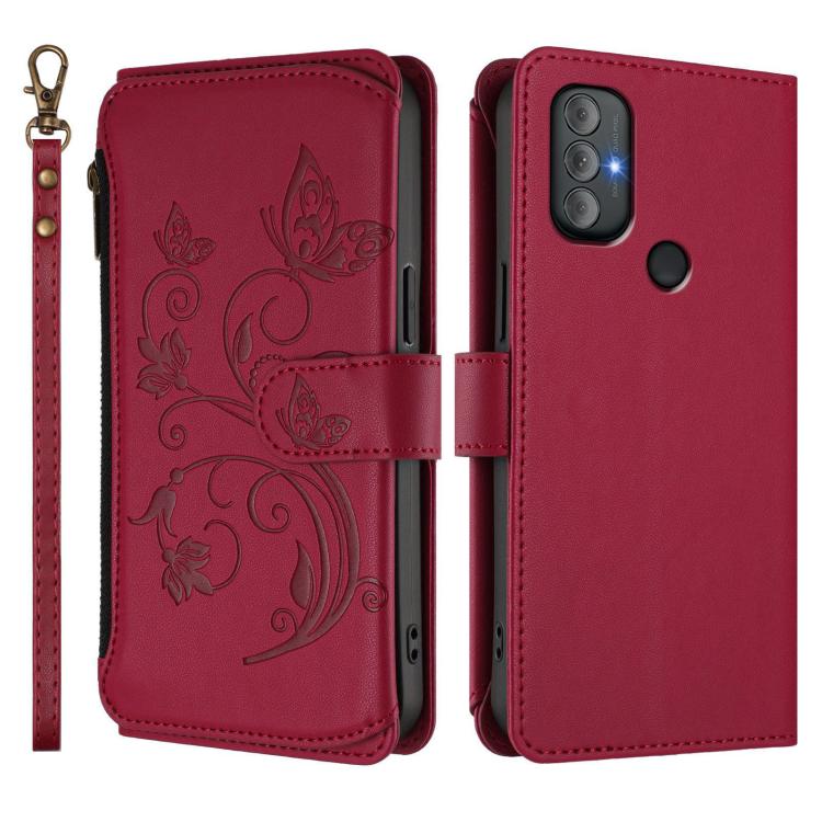 For Motorola Moto G Power 2022 Butterfly Love Flower Multi-card Zipper Wallet Leather Phone Case