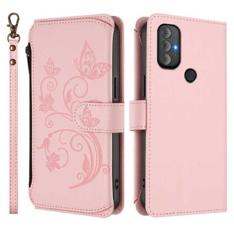 For Motorola Moto G Power 2022 Butterfly Love Flower Multi-card Zipper Wallet Leather Phone Case