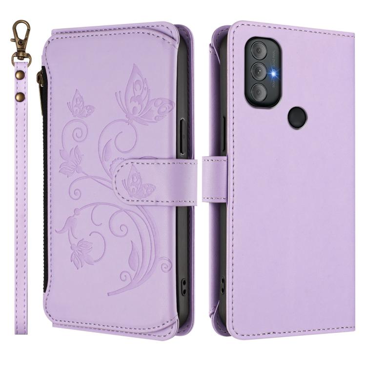 For Motorola Moto G Power 2022 Butterfly Love Flower Multi-card Zipper Wallet Leather Phone Case