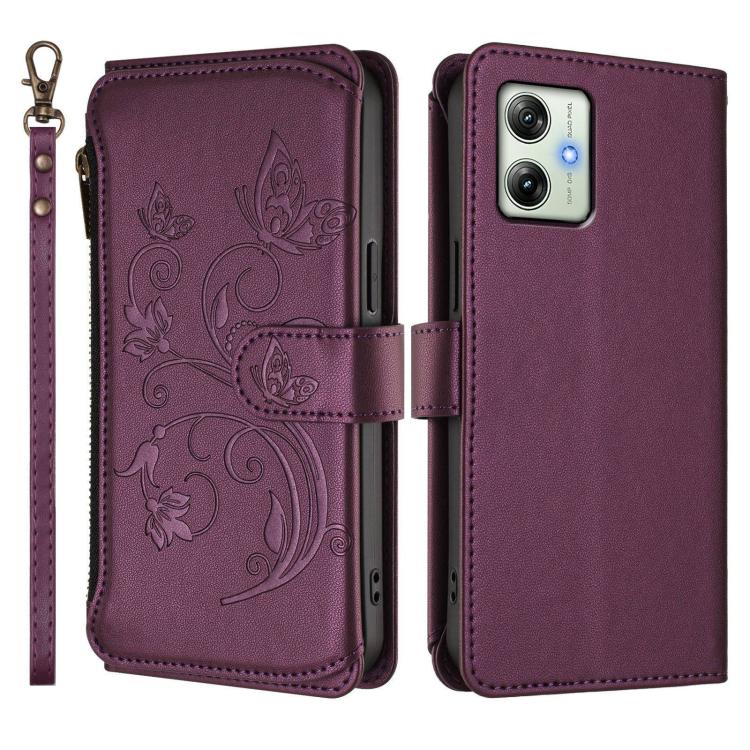 For Motorola Moto G54 5G / G64 India Butterfly Love Flower Multi-card Zipper Wallet Leather Phone Case