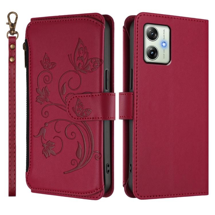 For Motorola Moto G54 5G / G64 India Butterfly Love Flower Multi-card Zipper Wallet Leather Phone Case