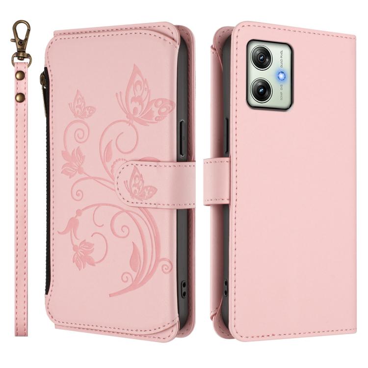 For Motorola Moto G54 5G / G64 India Butterfly Love Flower Multi-card Zipper Wallet Leather Phone Case