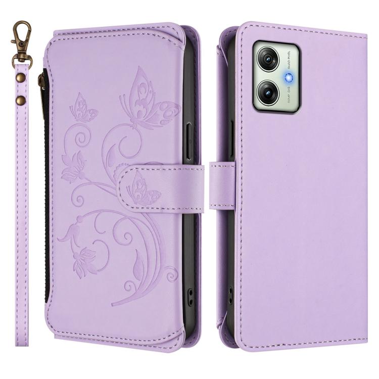 For Motorola Moto G54 5G / G64 India Butterfly Love Flower Multi-card Zipper Wallet Leather Phone Case