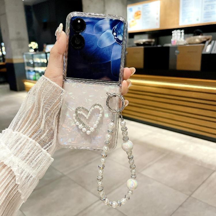 For Xiaomi Mix Flip 2 Pearlescent Shell Texture Heart Pattern Phone Case with Bracelet