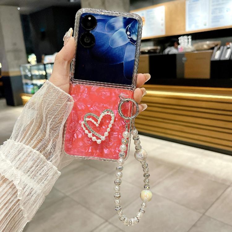 For Xiaomi Mix Flip 2 Pearlescent Shell Texture Heart Pattern Phone Case with Bracelet