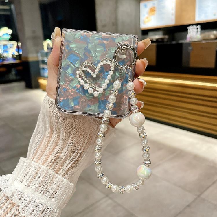 For Xiaomi Mix Flip 2 Pearlescent Shell Texture Heart Pattern Phone Case with Bracelet