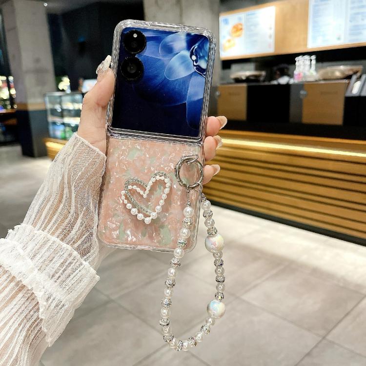 For Xiaomi Mix Flip 2 Pearlescent Shell Texture Heart Pattern Phone Case with Bracelet