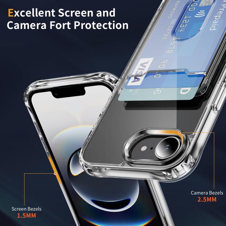 For iPhone 17e / 16e Crystal Clear Card Slot PC Hybrid TPU Phone Case - Transparent