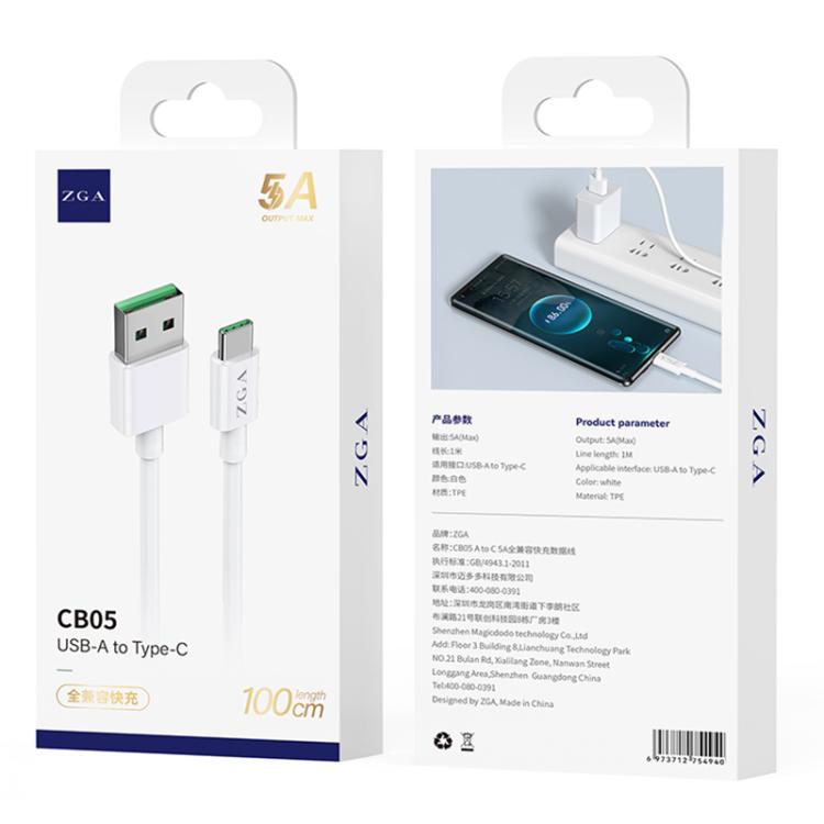 ZGA CB05 5A USB to Type-C Fully Compatible Fast Charging Data Cable, Length: 1m - White