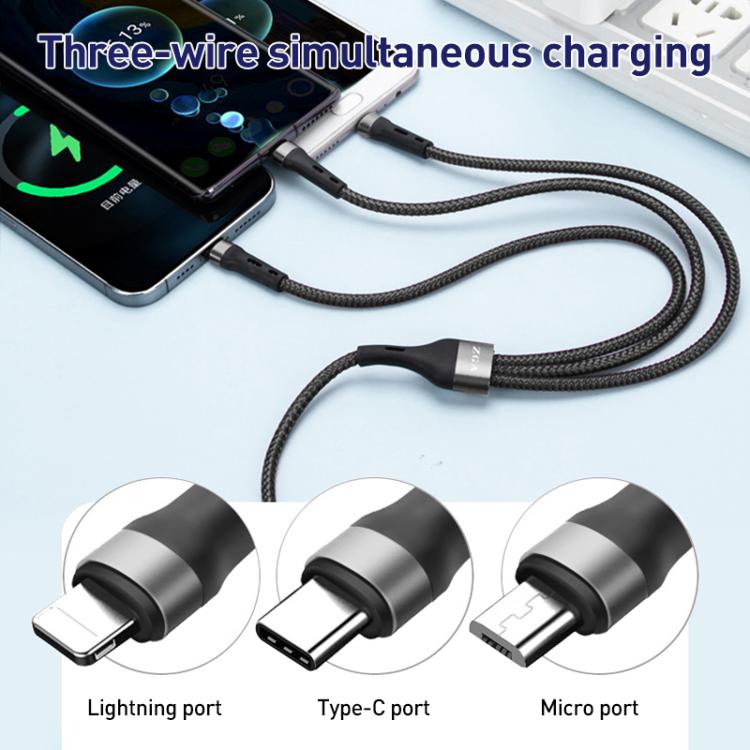 ZGA CB08 5A 3 in 1 USB Fast Charging Braided Data Cable, Length: 1.2m - Black